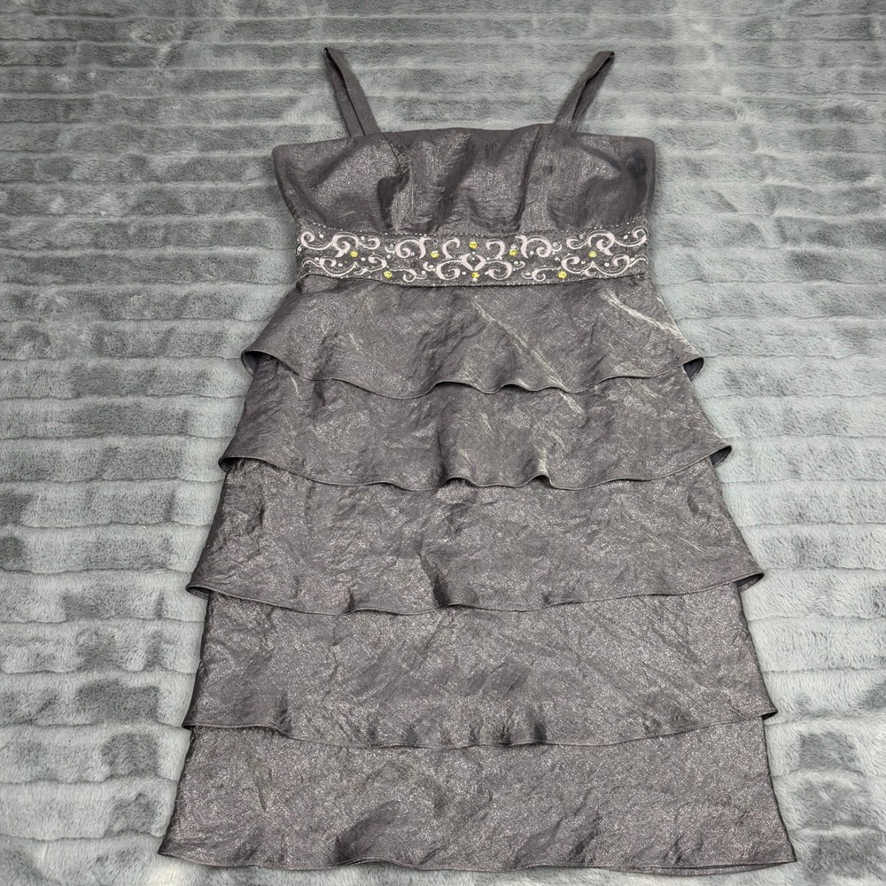 Davids Bridal Womens Metallic Charcoal Grey Tiered Ruffle Cocktail Dress Size 10
